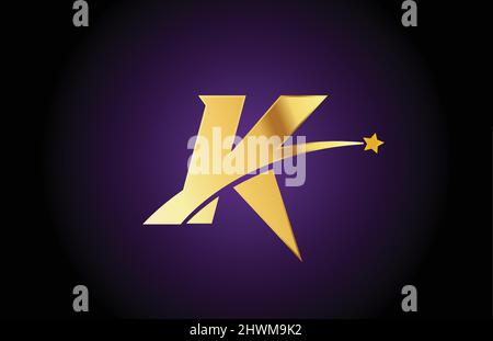 icona del logo con lettera dell'alfabeto K dorato con stella. Design creativo per azienda o affari con swoosh Illustrazione Vettoriale