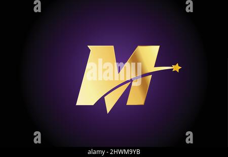 icona del logo dell'alfabeto m dorato con stella. Design creativo per azienda o affari con swoosh Illustrazione Vettoriale