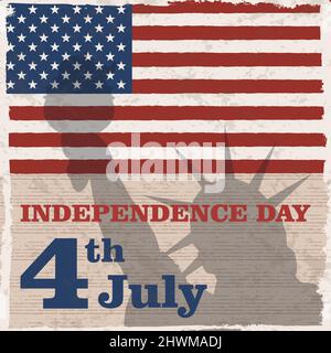 Giornata dell'indipendenza dell'America, 4 luglio. Biglietto di auguri, banner, poster o volantino per il giorno dell'indipendenza. Illustrazione vettoriale in stile vintage Illustrazione Vettoriale
