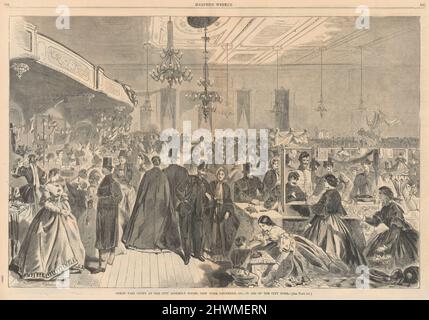 Grande fiera alle sale di riunione della città, New York, dicembre 1861, a favore della città povera; da Harper’s Weekly, 28 dicembre 1861. Artista: Winslow Homer, americano, 1836–1910 Foto Stock