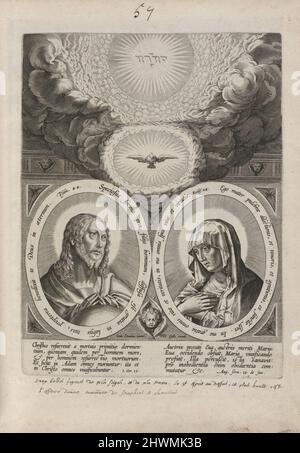 Cristo, la Vergine Maria, lo Spirito Santo, il Tetragram, o Salvatore Mundi e la Vergine. Incisore: Sconosciuto dopo: Stradanus (Jan van der Straet), Fiammingo, 1523–1605Publisher: Philip Galle, Fiammingo, 1537–1612 Foto Stock