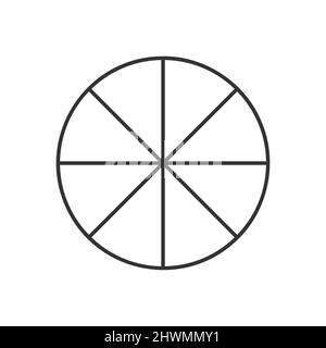 Cerchio diviso in 8 segmenti. Forma rotonda della pizza o della torta tagliata in otto fette uguali nello stile del contorno. Semplice modello di business chart. Illustrazione lineare vettoriale. Illustrazione Vettoriale