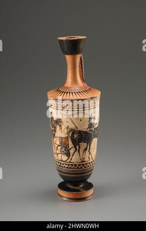 Lekythos nero con macinato bianco e scena sunharnessing. Artista, attribuito a: Pittore Beldam, greco, Attico, attivo ca. 500–ca. 450 A.C. Foto Stock