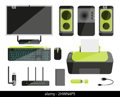 Accessori per computer desktop, set piatto per apparecchiature per ufficio. Monitor monoblocco tastiera mouse router ssd disco adattatore Flashdrive Music Center altoparlante subwoofer stampante scanner cavo usb paverbank isolato Illustrazione Vettoriale