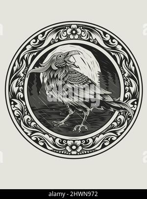 Vettore di illustrazione Crow uccello con ornamento di incisione vintage Illustrazione Vettoriale