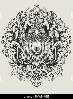 Illustrazione testa di lupo vettoriale con ornamento da incisione vintage Illustrazione Vettoriale
