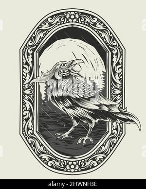 Vettore di illustrazione Crow uccello con ornamento di incisione vintage Illustrazione Vettoriale