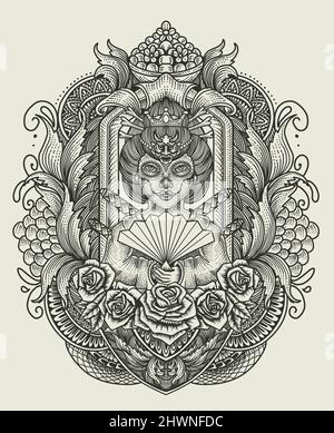 illustrazione geisha vettoriale con fiore di rosa su motivo di incisione antico Illustrazione Vettoriale