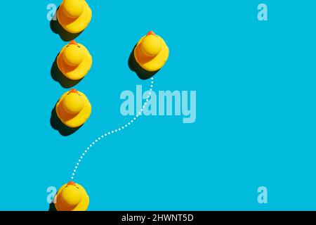 L'anatra di gomma si distingue dalla folla. Avvio aziendale di successo, avanzamento competitivo o concetto di carriera. Foto Stock