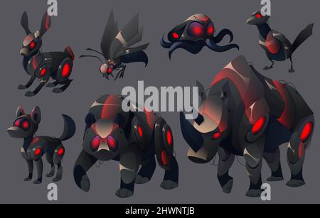 Robot animali, mostri meccanici robotici. Ciborgs malvagio animali lepre, aquila, vespa, polpo, magpie, cane, orso e rinoceronte con occhi rossi luminosi e corpo meccanico. I predatori cartoon macchine Vector Set Illustrazione Vettoriale