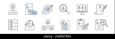 Icone delle risorse umane aziendali. Concetto di risorse umane dell'azienda, personale di reclutamento e membri del team, personale di ricerca. Segni disegnati a mano vettoriale con persone, cv candidato, bersaglio e lente d'ingrandimento Illustrazione Vettoriale