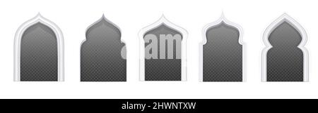 Le finestre arabe arcate diverse forme per l'architettura musulmana, musulmana e islamica. Set vettoriale realistico di cornici arabiche vintage in parete bianca con sfondo trasparente Illustrazione Vettoriale