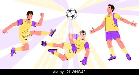 Pallone da calcio o da competizione o bandiera da competizione sportiva, illustrazione vettoriale piatta isolata su sfondo bianco. Sfondo con i personaggi dei giocatori di calcio. Illustrazione Vettoriale