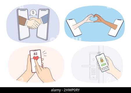 Set di persone diverse mani tenere cellulari per la comunicazione online. La raccolta di persone utilizza applicazioni su smartphone moderni per transazioni e chat. Tecnologia. Illustrazione vettoriale. Illustrazione Vettoriale