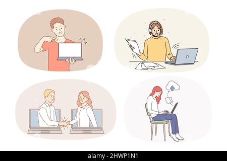 Insieme di persone diverse che lavorano online sul computer comunicano con il cliente. Collezione di uomini e donne utilizzano i laptop di rete su Internet su blocco. Illustrazione vettoriale. Illustrazione Vettoriale