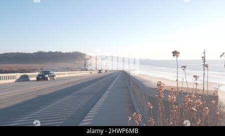 Pacific Coast Highway, Torrey Pines state Beach, auto che guidano sulla strada 1, superstrada 101 da San Diego a del Mar. Ocean onde di mare, litorale roadtrip estetico, viaggiando durante le vacanze. California Stati Uniti. Foto Stock