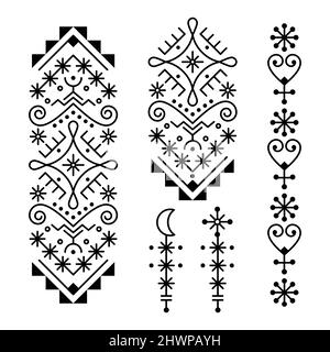 Icelandic rune art style linea tribale geometrica art vettoriale set di design, ornamenti minimalisti lunghi ispirati ai motivi vichinghi Illustrazione Vettoriale