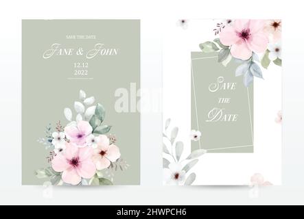 Acquerello fiori invito schede modello. Collezione acquerello botanica vettore adatto per matrimonio invito, salvare la data, grazie, o gre Illustrazione Vettoriale