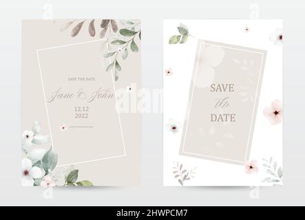 Set di carte modello di invito beige con fiori e foglie acquerelli. Collezione acquerello vettore botanico adatto per invito di nozze, sav Illustrazione Vettoriale