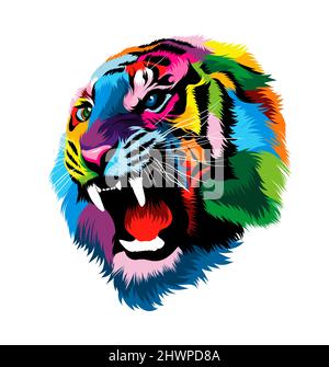 Ritratto astratto della testa della tigre, grin della tigre, tigre furious da pitture multicolore. Disegno colorato. Illustrazione vettoriale di vernici Illustrazione Vettoriale