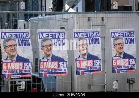 Lione (Francia), 6 marzo 2022. Incontro di Jean-Luc Mélenchon, candidato del partito France Insoumise per le elezioni presidenziali del 2022. Foto Stock