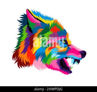 Ritratto astratto della testa di lupo, lupo grin, lupo furioso da pitture multicolore. Disegno colorato. Illustrazione vettoriale di vernici Illustrazione Vettoriale