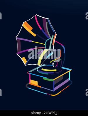 Astratto vecchio grammofono d'epoca in stile retrò da pitture multicolore. Disegno colorato. Illustrazione vettoriale di vernici Illustrazione Vettoriale