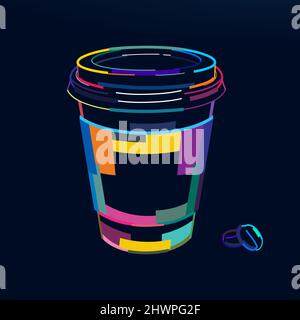 Tazza di caffè astratta con chicchi di caffè. Tazza da caffè riutilizzabile con vernici multicolore. Disegno colorato. Illustrazione vettoriale di vernici Illustrazione Vettoriale