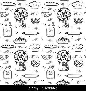 Modello senza cuciture con mulino e prodotti da forno, elementi disegnati a mano in stile doodle. Mulino, cappello dello chef, grembiule, rolling pin, pane, croissant e bagel Illustrazione Vettoriale