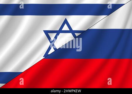 Conflitto tra Russia e Israele concetto di guerra. Bandiera russa e sfondo bandiera di Israele. Flag con ripple. Design orizzontale. Illustrazione. Mappa Foto Stock