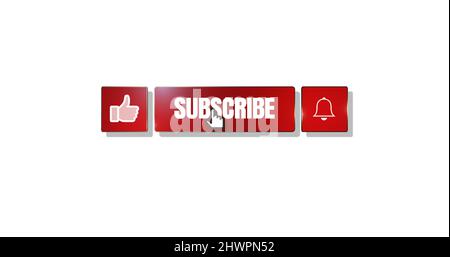 Fare clic con il mouse su pulsante mi piace, su pulsante di iscrizione e su notifica a campana. Interfaccia social media. Illustrazione isolata su sfondo bianco Foto Stock