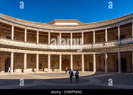 Innenhof des Palast Karls V., Welterbe Alhambra a Granada, Andalusia, spagnolo | cortile del Palazzo di Carlo V, patrimonio mondiale dell'Alhambra in G. Foto Stock