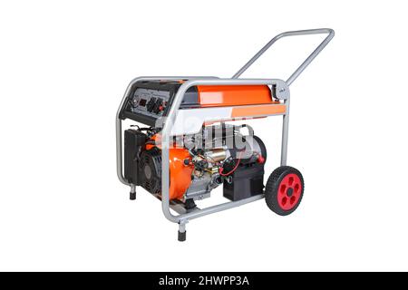 Generatore di benzina con pannello di controllo isolato su sfondo bianco Foto Stock