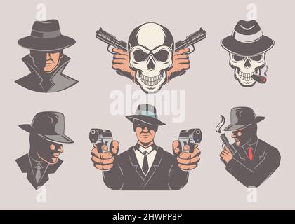 Emblema del gangster. Badge neri Set di banda mafia gangsta ghetto polizia Swag catene e cranio esatto vettore stilizzato logotipo con posto per il testo Illustrazione Vettoriale