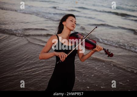 Donna che gioca violino in piedi in mare Foto Stock