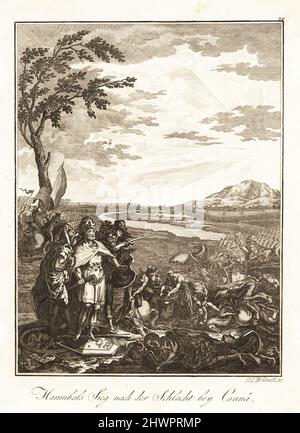 La vittoria del generale cartaginese Annibale sull'esercito romano nella Battaglia di Cannae, seconda guerra punica, 216 a.C. Victoire d'Annibal a la Bataille de Cannes. Incisione copperplate di Paul Johan Weindl su disegno di Gabriel de St. Aubin del Professor Joseph Rudolf Zappe, Gemalde aus der romischen Geschichte, Pictures of Roman History, Joseph Schalbacher, Vienna, 1800. Edizione tedesca dell’Abbe Claude Francois Xavier Millot’s Abrege de l’Histoire Romaine. Foto Stock