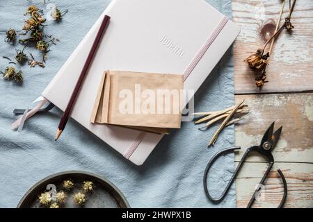 Scatto dello studio del tampone della nota, della matita, delle forbici ed alcuni semi e dei fiori secchi Foto Stock