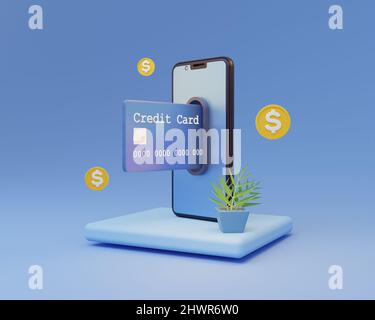 Concetto di accumulo online. 3d smartphone con rendering con carta di credito. Annunci sui social media per guadagnare denaro dal tuo telefono. Foto Stock