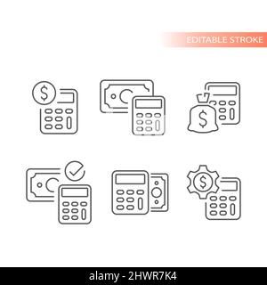 Calcolatrice con banconota, segno di spunta in borsa. Denaro, analisi finanziaria delineato vettore icona set. Illustrazione Vettoriale