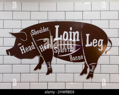 Un taglio su un muro di tegole bianche, che indica o guida ai diversi tagli di maiale. Guida di carne macellaio. Foto Stock