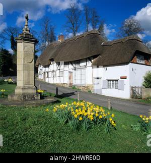 Naffodils sul verde del villaggio con il memoriale di guerra, Wherwell, Hampshire, Inghilterra, Regno Unito, Europa Foto Stock