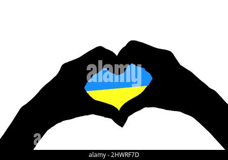 Silhouette in stile pop art con le mani femminili che posano un segno CARDIACO con strisce blu e gialle all'interno Foto Stock
