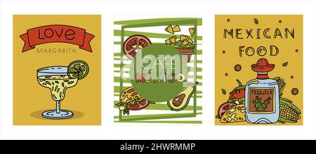 Cucina messicana, striscione vettoriale per il cibo a base di barbatella. Piatti nazionali speziati, fast food, snack. Illustrazione dello schizzo per il ristorante, il menu, la caffetteria. Fiesta mexicana Illustrazione Vettoriale