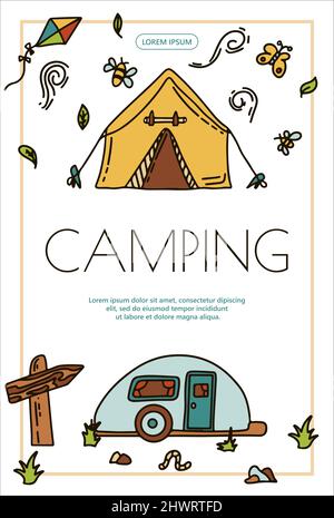 Doodle vettore camping pannersset. Schizzo escursioni Icons.Hand disegno illustrazione per pic-nic estate in natura. Attrezzatura da campeggio Illustrazione Vettoriale