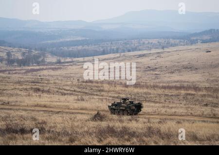 Lest, Slovacchia. 07th Mar 2022. 2022 Sabre Strike International Exercise in Military base Lest, Slovacchia, 7 marzo 2022. Nella foto sono raffigurati veicoli da combattimento corazzati a otto ruote Stryker. Credit: Ondrej Deml/CTK Photo/Alamy Live News Foto Stock