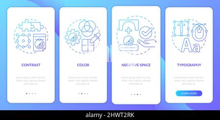 Principi della grafica schermata dell'app mobile di onboarding con gradiente blu Illustrazione Vettoriale