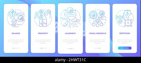 Principi di progettazione grafica schermata app mobile Blue Gradient onboarding Illustrazione Vettoriale