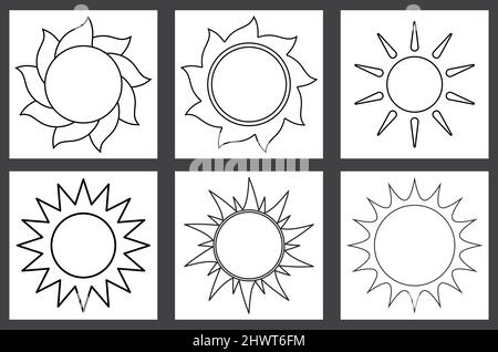 Set Sun Outline. Icone di arte di linea di forma diversa del sole. Illustrazione vettoriale isolata su bianco Illustrazione Vettoriale