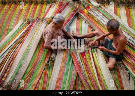 Vietnamita Old Man e le donne che fanno un asciugando tradizionale vietnam stuoie nel vecchio villaggio tradizionale a dinh Yen, dong thap, vietnam, artista di tradizione Foto Stock