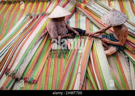 Vietnamita Old Man e le donne che fanno un asciugando tradizionale vietnam stuoie nel vecchio villaggio tradizionale a dinh Yen, dong thap, vietnam, artista di tradizione Foto Stock